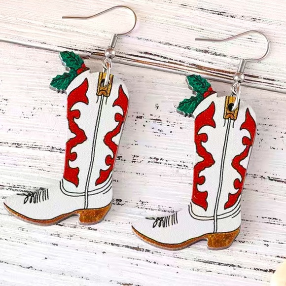 Wooden Christmas Cowboy Boot Earrings - Picture 1 of 4